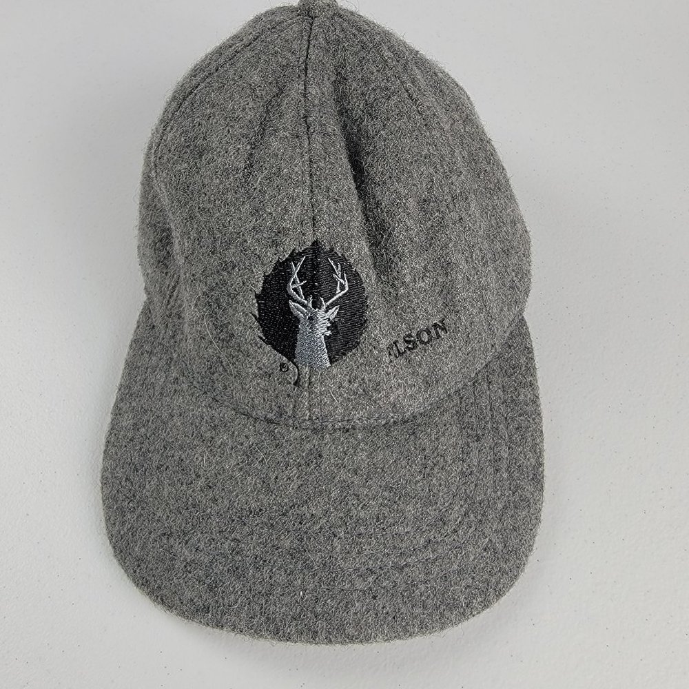 FILSON  Cap Hat 100% Virgin Wool Adjustable Heather Gray Embroidered Stag RARE